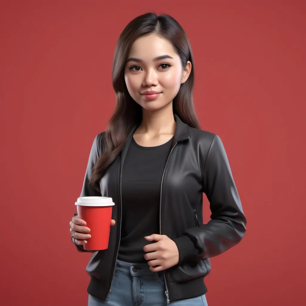 Prompt: 4D character of an Malaysia woman, 25 years old, thin fat body, wearing an black jacket, standing upright, holding a cup in her hand, red background, full HD