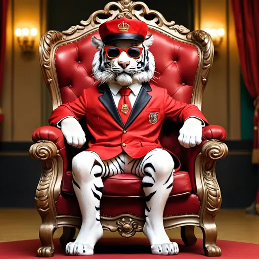 Prompt: A tiger wearing red kings dress with sun glasses and hat sitting on kings chair