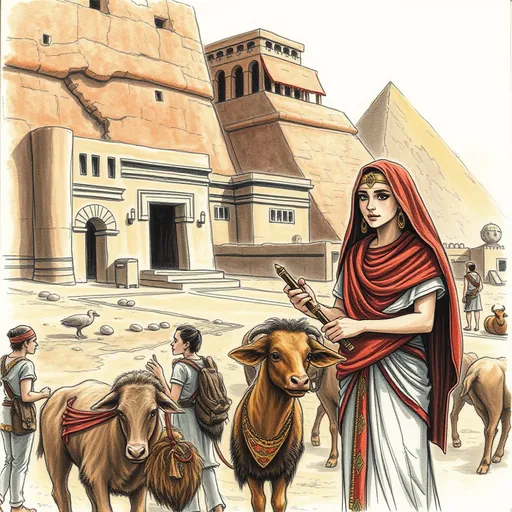 Prompt: Ancient Egypt a village and ,two women's with herd ,art light colores, coloured pencil sketch art ,comic art, dark line shadow pencil sketch