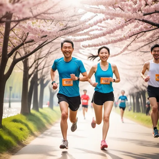 Prompt: Marathon runners, both Asian men and Asian women, running under spring blossoms and sunshine, with water splash on their feet, happy smiling faces with sweat on their faces