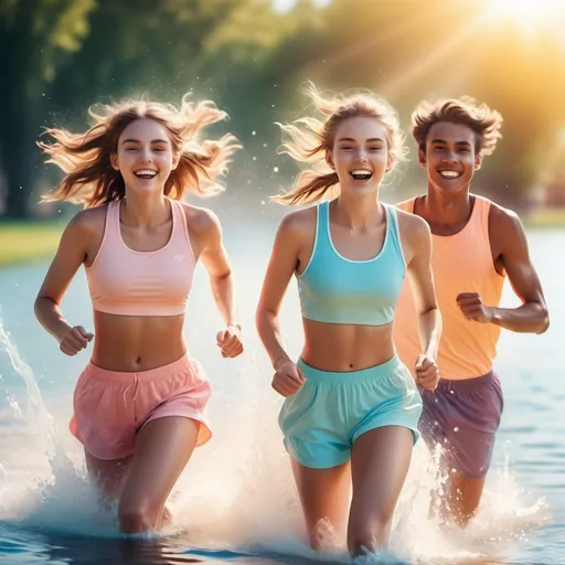 Prompt: Dreamy pastel full body portrait, (ethereal sporties), two 20-year-old young men and girls  running on water splash, wearing stylish sportswear, (sunshine smiles), radiant white teeth, (sweaty), glowing skin, (heavenly atmosphere), warm sunlight illuminating the scene, soft focus creates a whimsical feel, vibrant colors blended in a pastel palette, (HD quality), a sense of freedom and exhilaration permeating the air.