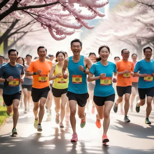 Prompt: hundreds of Marathon runners, both Asian men and Asian women, running under spring blossoms and sunshine, with water splash on their feet, happy smiling faces with sweat on their faces