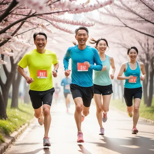 Prompt: Marathon runners, both Asian men and Asian women, running under spring blossoms and sunshine, with water splash on their feet, happy smiling faces with sweat on their faces