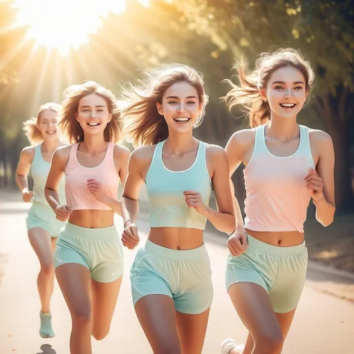 Prompt: Dreamy pastel full body portrait, (ethereal beauties), two 20-year-old girls and men running, wearing stylish sportswear, (sunshine smiles), radiant white teeth, (sweaty), glowing skin, (heavenly atmosphere), warm sunlight illuminating the scene, soft focus creates a whimsical feel, vibrant colors blended in a pastel palette, (HD quality), a sense of freedom and exhilaration permeating the air.