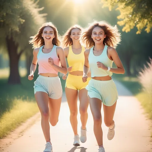 Prompt: Dreamy pastel full body portrait, (ethereal beauties), two 20-year-old girls running, wearing stylish sportswear, (sunshine smiles), radiant white teeth, (sweaty), glowing skin, (heavenly atmosphere), warm sunlight illuminating the scene, soft focus creates a whimsical feel, vibrant colors blended in a pastel palette, (HD quality), a sense of freedom and exhilaration permeating the air.