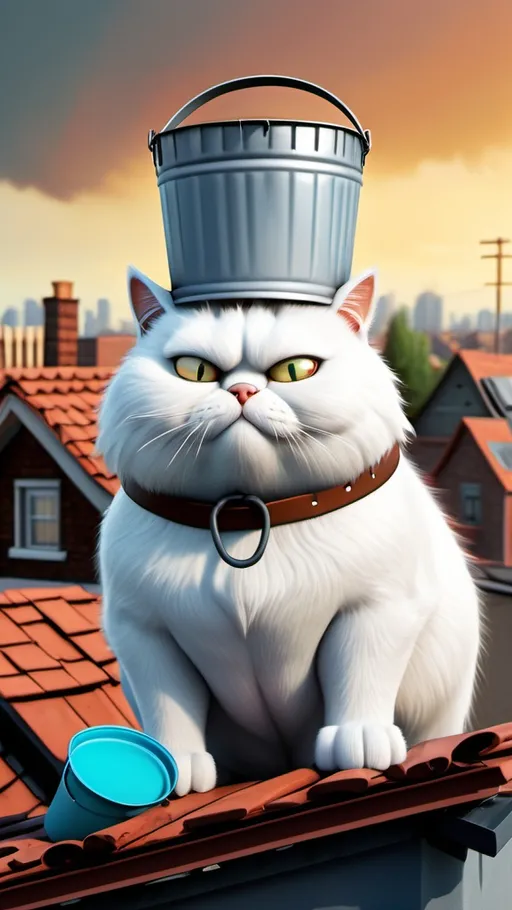 Prompt: a fat anthropomorphic white cat with an iron bucket on his head looks from the roof at the zombies, furry, 3D