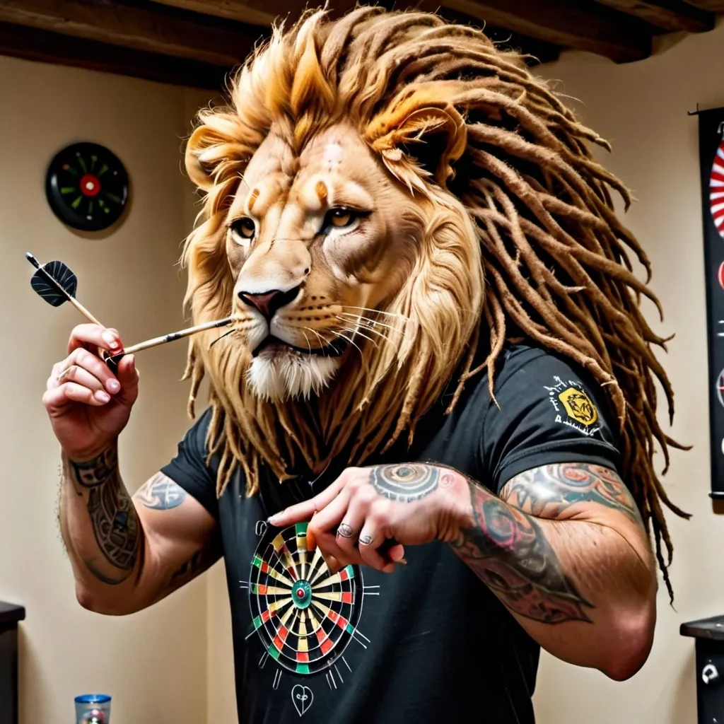 Prompt: lion with dreadlocks playing darts with tattoos, very detailed, realistic