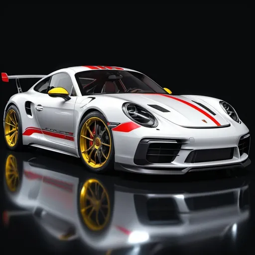 Prompt: realistic porsche car, (striking colors) glimmering under lights, dynamic angles, sleek design, detailed bodywork, aggressive stance, reflections highlighting curves, black background creating contrast, high-speed feel, (vibrant) accents, high detail, 4K resolution, ultra-detailed rendering, sharp lines, captivating composition, modern automotive design atmosphere.