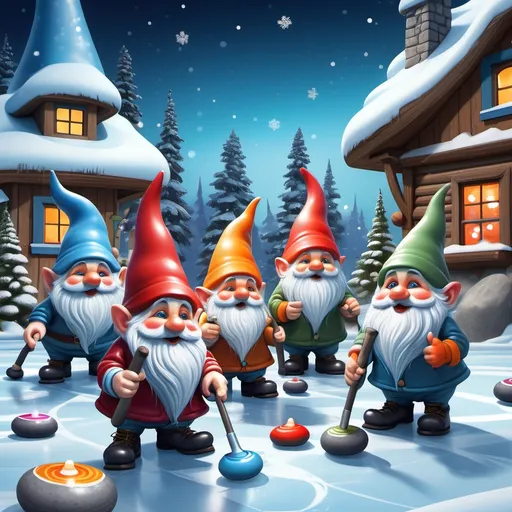 Prompt: Gnomes curling, (playful gnome characters), (cozy winter setting), (frosty landscape), (curling stones gliding on ice), vibrant colors, whimsical atmosphere, enchanted forest background, festive and cheerful vibe, ultra-detailed, high-quality, dynamic scene capturing the joy of curling, elements of fun and camaraderie among gnomes, sparkling snowflakes hovering in the air.