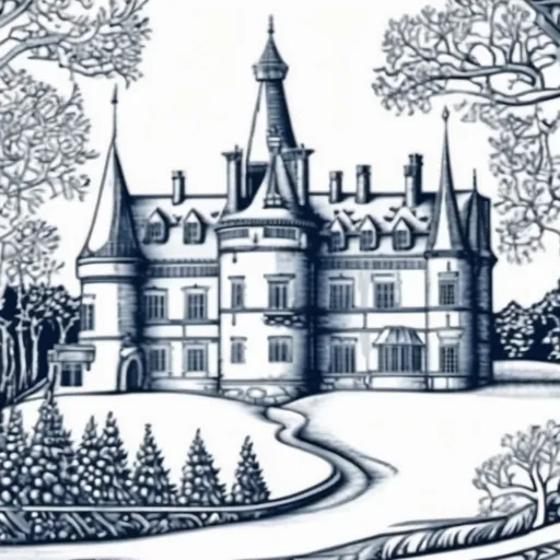 Prompt: (medieval woodcut), detailed illustration of an elegant chateau in the snow, intricate lines and textures defining architecture, surrounded by whimsical trees and rolling hills, high-quality (ultra-detailed) rendering, capturing historical essence of the era, atmospheric and enchanting, evoking a sense of nostalgia and grandeur.