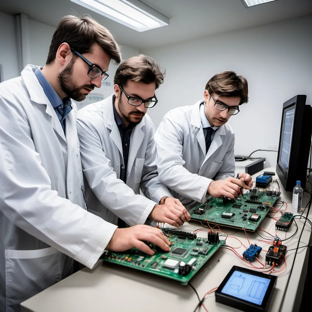 Prompt: Un’immagine di un laboratorio con attrezzature di testing per componenti elettronici con ingengeri che lavorano su schemi elettronici e prototipi. Falla realistica ma non inquadrare le persone in faccia