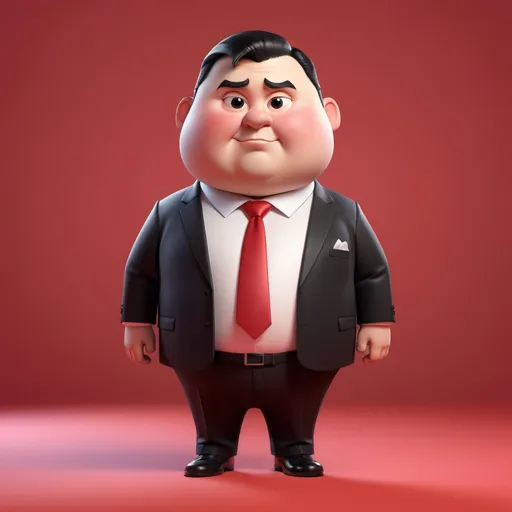 Prompt: 3d cartoon character, a man wearing a white shirt and black suit, wearing a red tie, short straight black hair, slightly chubby cheeks, tall, fat, facing the camera, red gradient background, full body