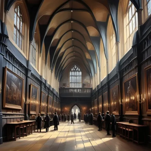 Prompt: Beautiful far off acadamy similar to hogwarts but modern inside view of the halls busy paint medium