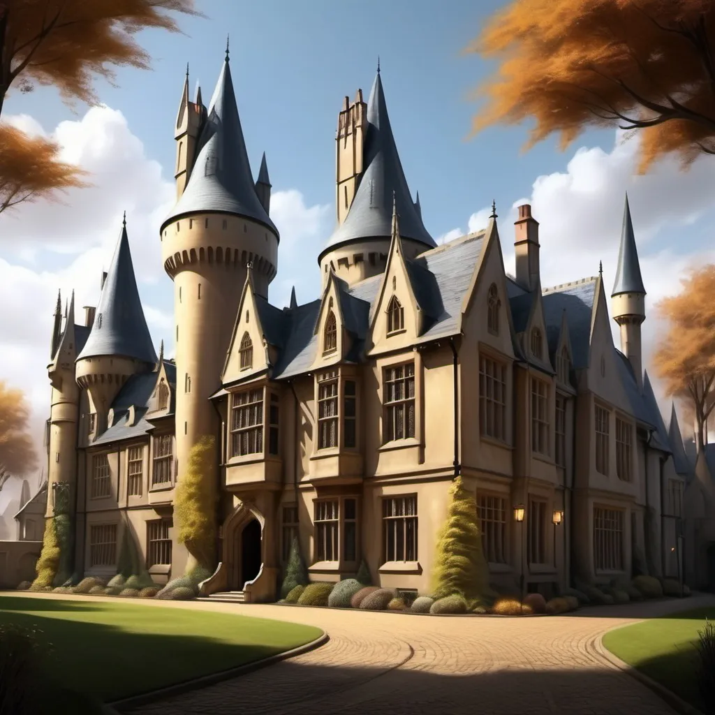 Prompt: Beautiful far off acadamy similar to hogwarts but modern outside view paint medium