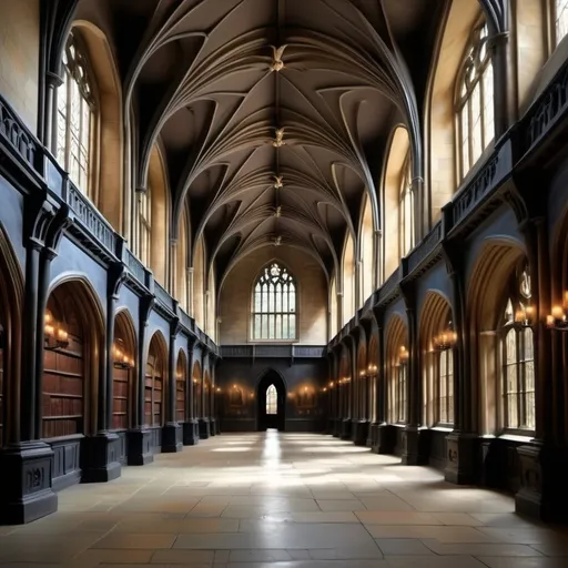 Prompt: Beautiful far off acadamy similar to hogwarts but modern inside view of the halls  paint medium