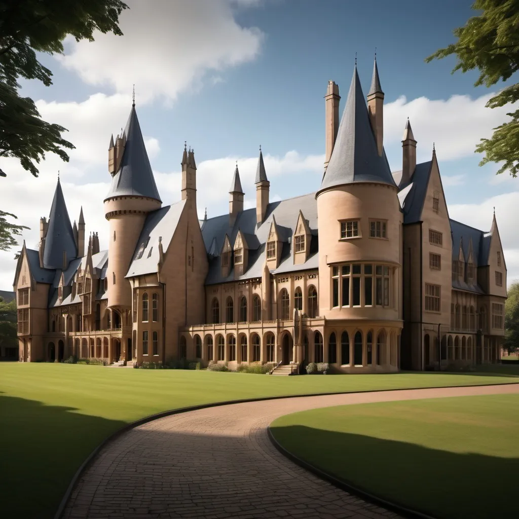 Prompt: Beautiful far off acadamy similar to hogwarts but modern outside view