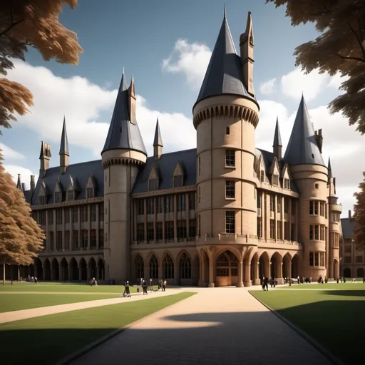 Prompt: Beautiful far off acadamy similar to hogwarts but modern outside view