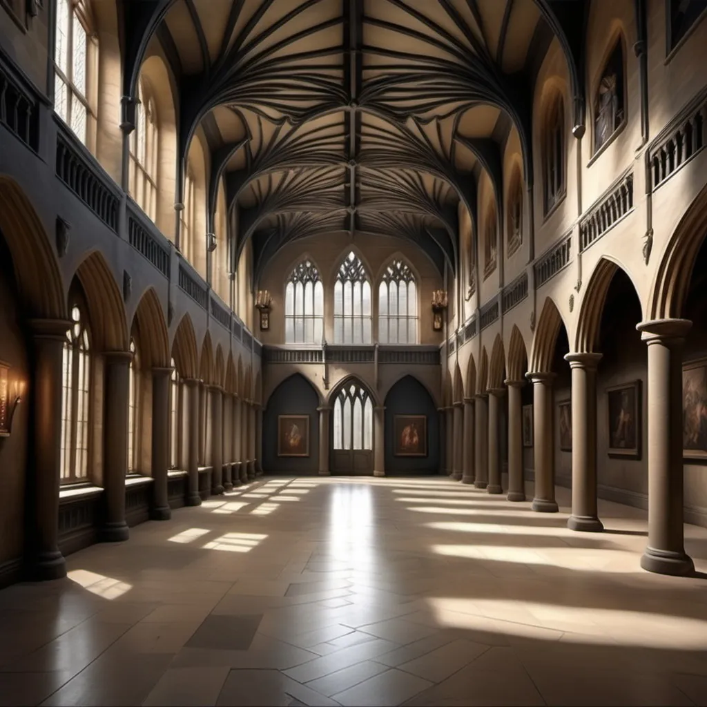 Prompt: Beautiful far off acadamy similar to hogwarts but modern inside view of the halls  paint medium