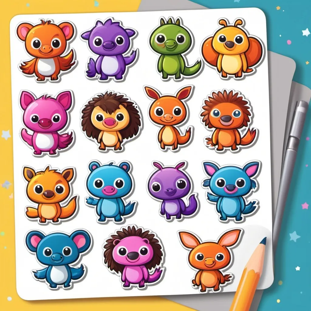 Prompt: Create stickers for a stocker book for 5-7 years old girl. The stickers should be some cartoony creatures that look like animals but not exactly animals. They should be bright, sparkly, colorful and fun.