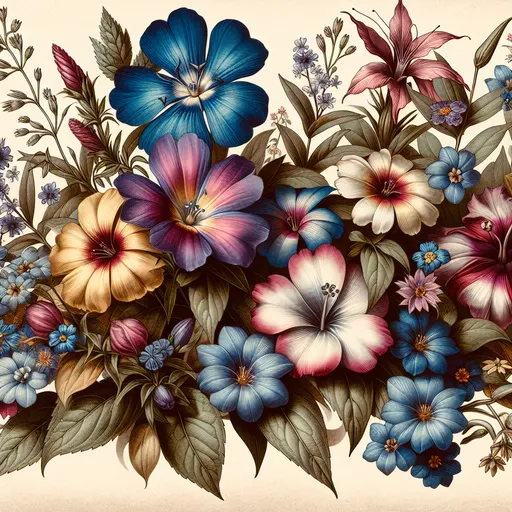 Prompt: Create a vintage botanical illustration Cottagecore, featuring an exquisite arrangement of exotic flowers [Periwinkle (Catharanthus roseus), Prince's Pine (Chimaphila umbellata), Swamp Candle (Lysimachia terrestris), Forget-Me-Not, Baby Blue Eyes, Columbine Flower (Aquelegia canadensis), Sandwort (Arenaria grandiflora), Four O'Clock (Mirabilis jalapa), Hibiscus, Plumeria, Lenten Rose (Plumeria acuminata),] in vibrant shades of blue, yellow, and red. The illustration should be meticulously detailed, highlighting the unique textures and patterns of each petal and leaf. Aiming for a harmonious composition that captures the essence of each flower, making it ideal for printing on notebook covers and art prints. Incorporate subtle background elements like Gentle shadows that suggest depth and dimension. that enhance the overall aesthetic while keeping the focus on the stunning floral designs. with 3 point lighting, and white background.