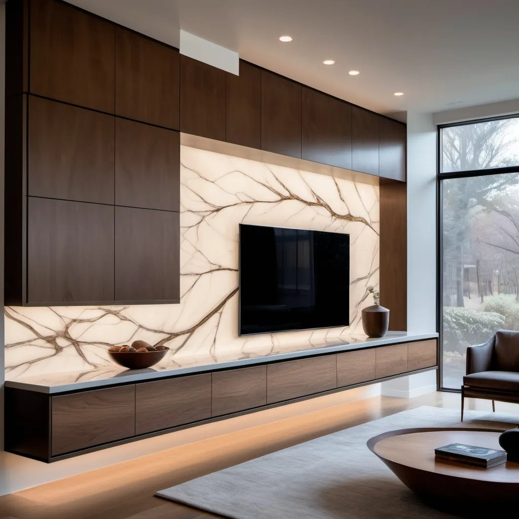 Prompt: tv wall between windows, backlit, porcelain slab, floating cabinets,  modern wood cabinets