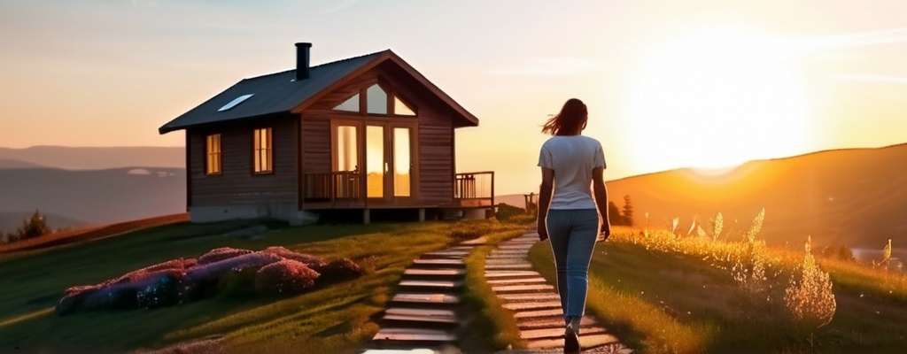 Prompt: Create a banner for a spiritual workshop. a woman walking towards a medium sized cabin on a hill at sunset. Flowers and plants on the hillside. With the sun shining on the house. Have a metaphysical or spiritual vibe