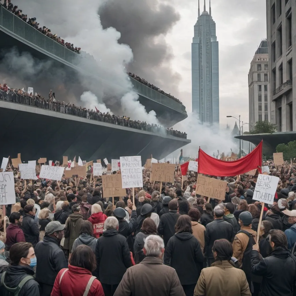 Prompt: civilians protesting in a future world against inequality