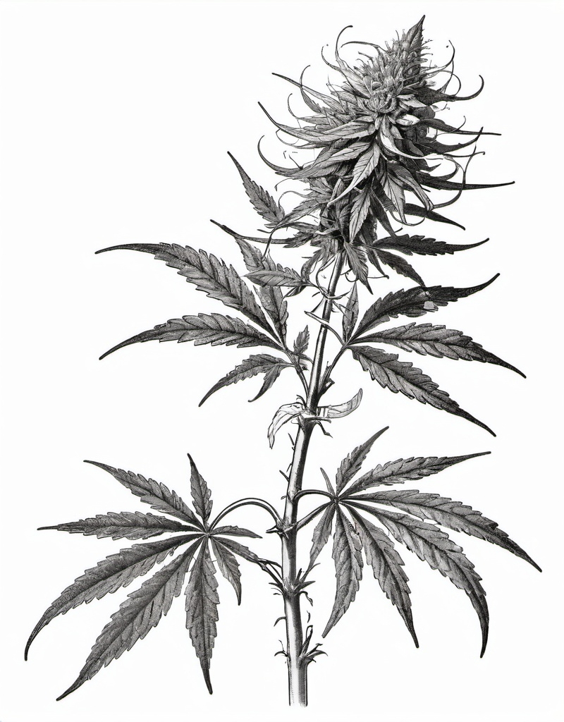 Prompt: a sativa cannabis plant with leaves and flowers on it's stem, with a white background and a black and white line drawing of a plant with leaves and buds, Charles Maurice Detmold, les nabis, illustration, an illustration of