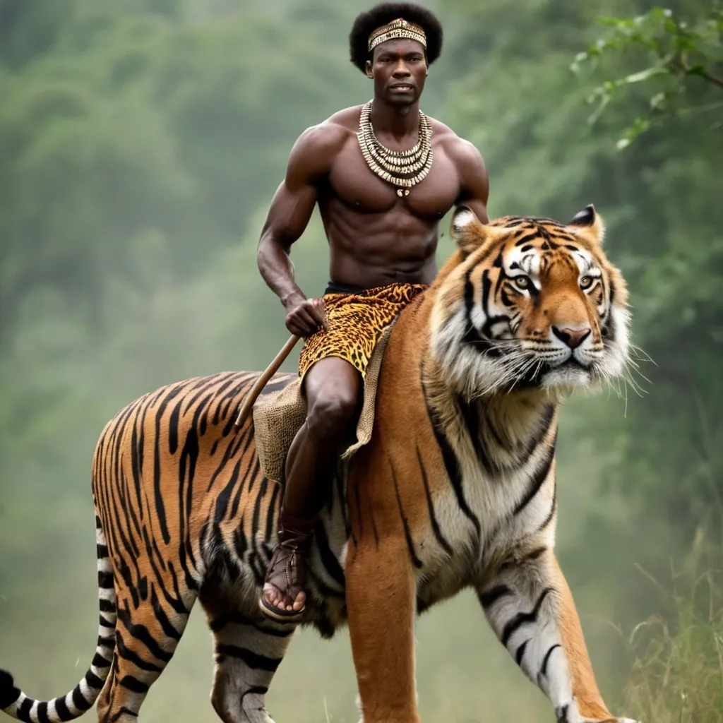 Prompt: make me a tall black zulu man from africa riding a tiger