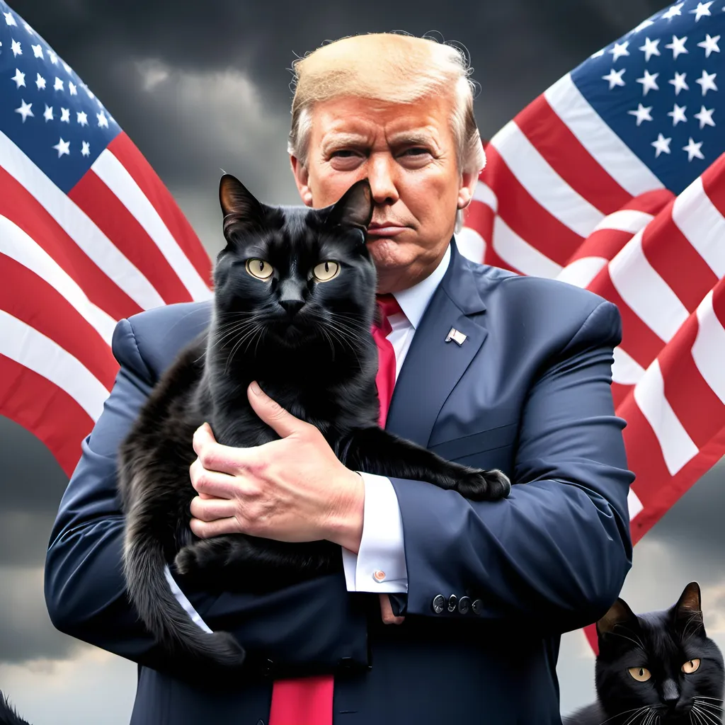 Prompt: Trump affectionately holding a large black cat in his arms with american flag in the background