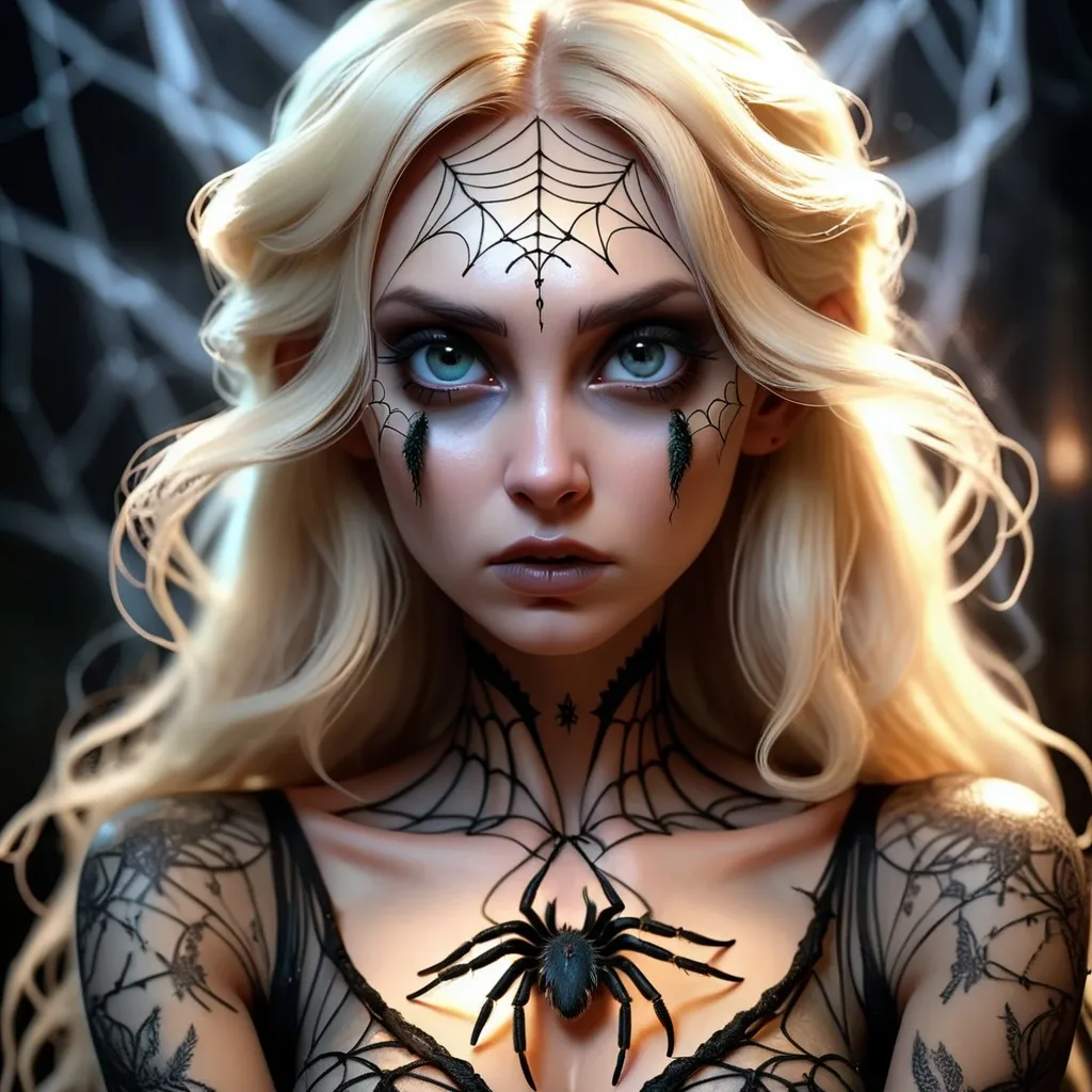 Prompt: (Goddess Lilith), ethereal beauty, (blonde hair), (intricate web tattoo on face), captivating gaze, surrounded by delicate and ominous webs, holding a (black tarantula) in her hands, dark ambient lighting, ethereal atmosphere, intricate details in the shadows, (highly detailed), (cinematic quality), alluring and mysterious aura, whispering secrets of the night, (4K resolution), enchantingly sinister.