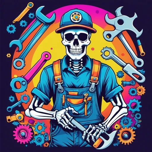 Prompt: (The Mechanic Skeleton): "Design 5 bundle skeleton of a mechanic holding a wrench, dressed in overalls and a cap. The background should include mechanic tools like gears, nuts, and bolts, with bright and psychedelic colors."