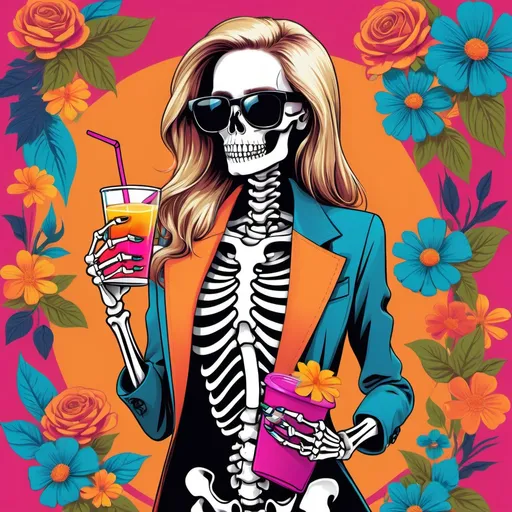 Prompt: (The Boss Babe Skeleton): "Create a vibrant, colorful skeleton character of a fashionable woman wearing sunglasses and holding a drink. She should have long, flowing hair with colorful flowers around her. The background should have a funky, retro vibe with patterns and bold colors."