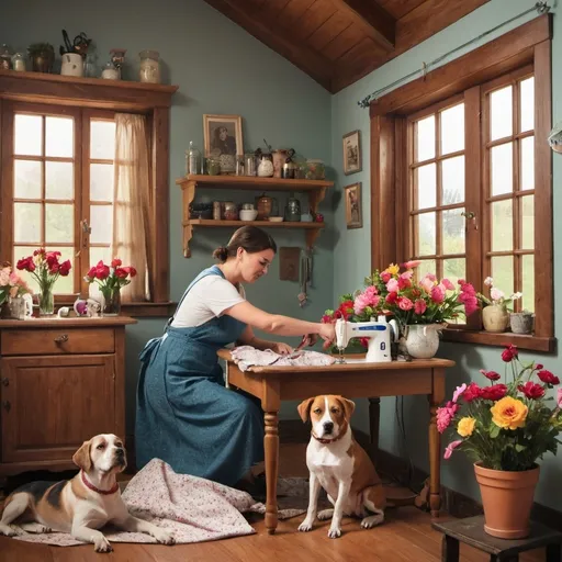 Prompt: A person is sewing in a house with one  dog and flowers