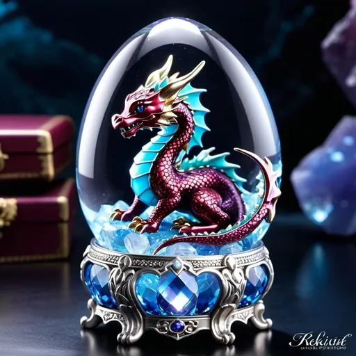 Prompt: Chibi multicolored miniature baby dragon sitting in faberge Crystal egg inside a glass jewelry box silver and Burgundy overflowing with incandescent glowing transparent luminescent precious stones, background inside a icy blue cave, perfect composition 128kresolution, epic lighting reflective"