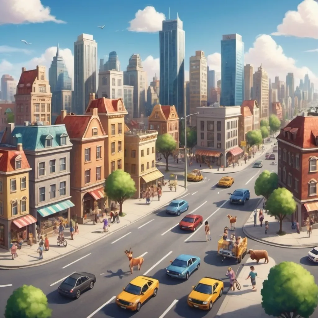 Prompt: Create a city with big skyline and beautiful weather. The streets are filled with happy people and animals