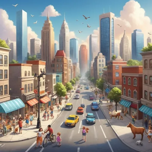 Prompt: Create a city with big skyline and beautiful weather. The streets are filled with happy people and animals