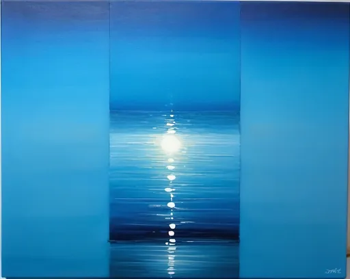 Prompt: Oil painting, acryl painting, abstract, see, light is reflecting by water, still, clear