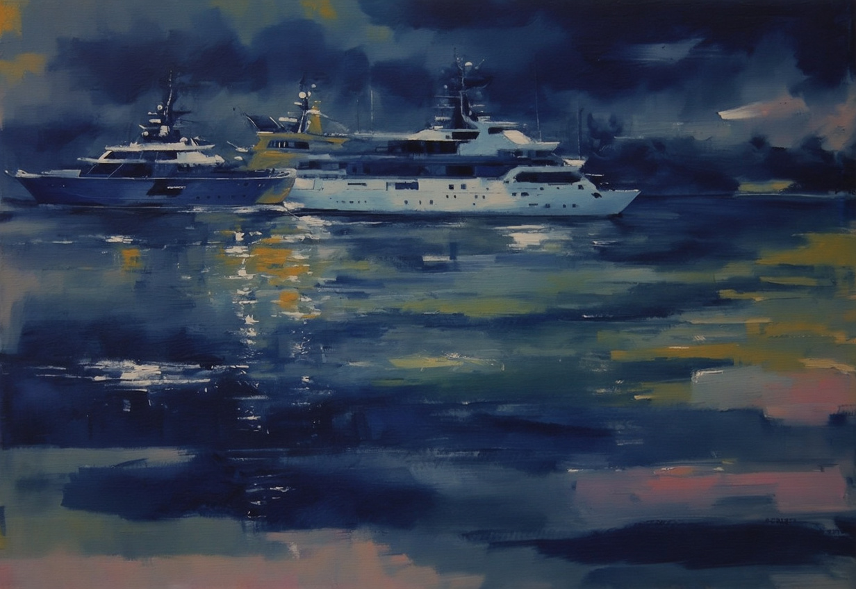 Prompt: Methaphysical painting, light is reflecting by water, abstract, pearlmut color, sun is shining, the water is shiny, big yachts are on ocean