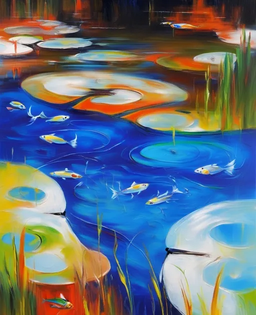 Prompt: Oil painting, acryl painting, abstract,  River flows through the swamp. clear lines, Fishes are in the river