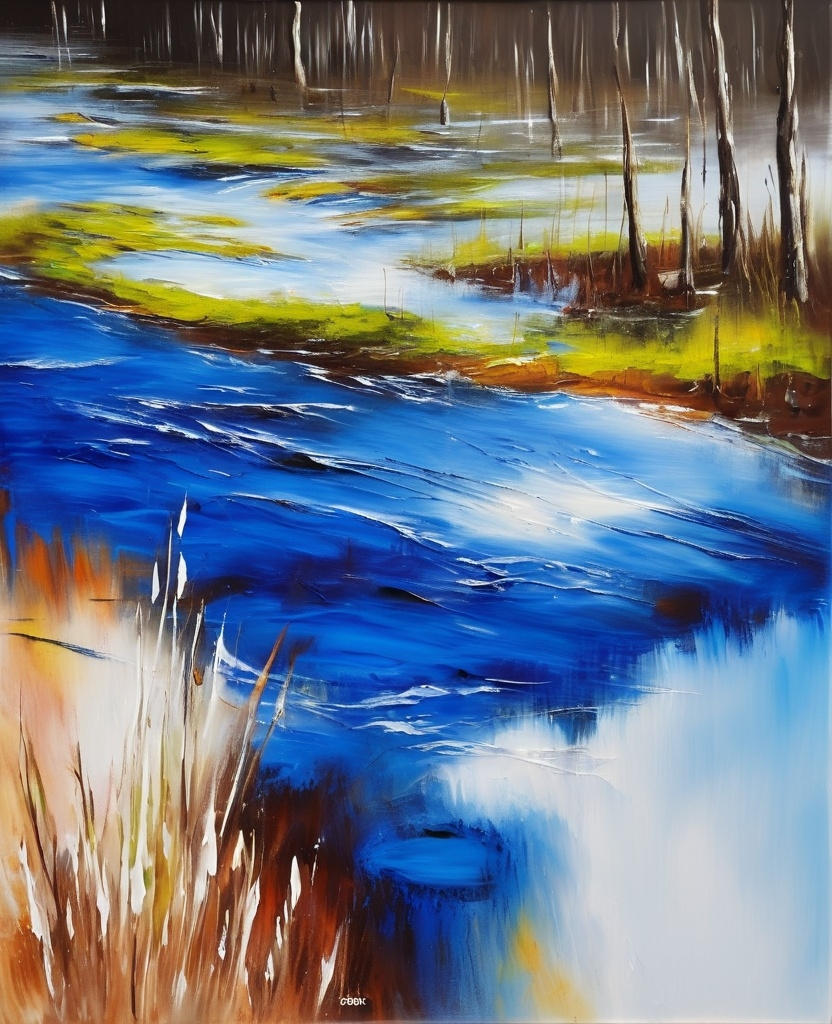 Prompt: Oil painting, acryl painting, abstract, clear, River flows through the swamp.