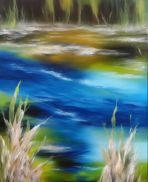 Prompt: Oil painting, acryl painting, abstract, River flows through the swamp.