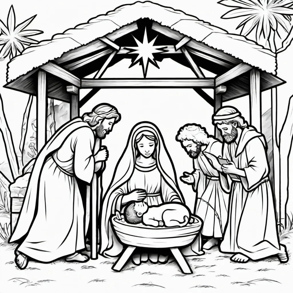 Prompt: I'm looking for an image of a Nativity or Manger scene that would actually be for a coloring book for children. It should have Joseph, Mary, the baby Jesus, along with a shepherd sheep, camels the wise men