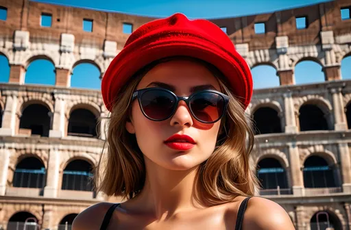 Prompt: a high resolution realistic photo of a female model with sunglasses and a red hat in roame in front of the coliseum