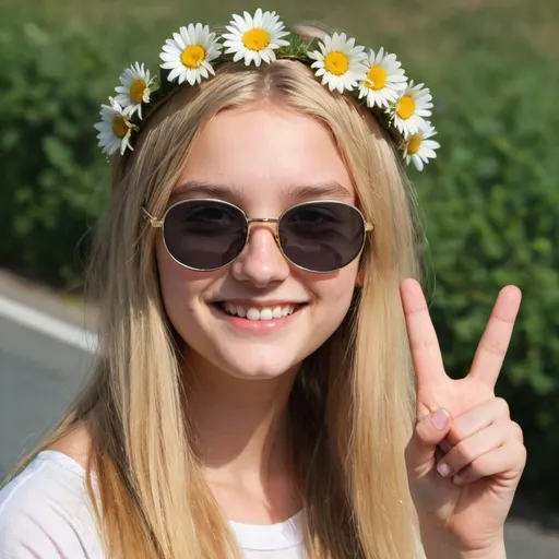 Prompt: A blonde, straight mid-long hair, 17 year old girl with a small-sized daisy flower crown. She has sunglasses with round glasses and makes a peace sign with one hand