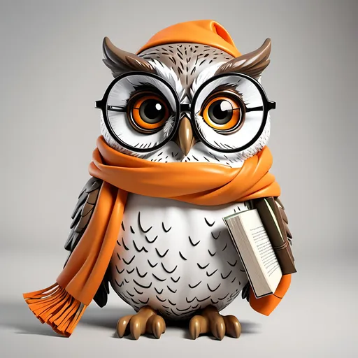 Prompt: wise owl less realistic give a wise scholarly look add a minerva's owl look give a more friendly look blacxk add glasses holding books and put a tee shirt on that says Minerva's Owl make very friendly looking.  orange and white scarf around neck