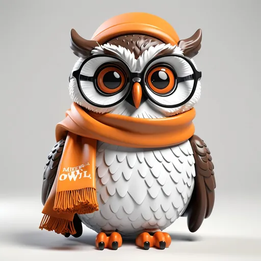 Prompt: wise owl less realistic give a wise scholarly look add a minerva's owl look give a more friendly look blacxk add glasses holding books and put a tee shirt on that says Minerva's Owl make very friendly looking.  orange and white scarf around neck