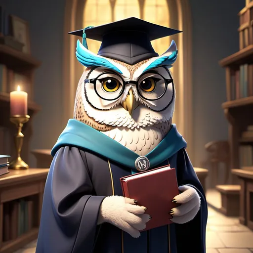 Prompt: wise owl that is animated but has a hint of realness with cap and gown and glasses  give a look of Minerva's owl