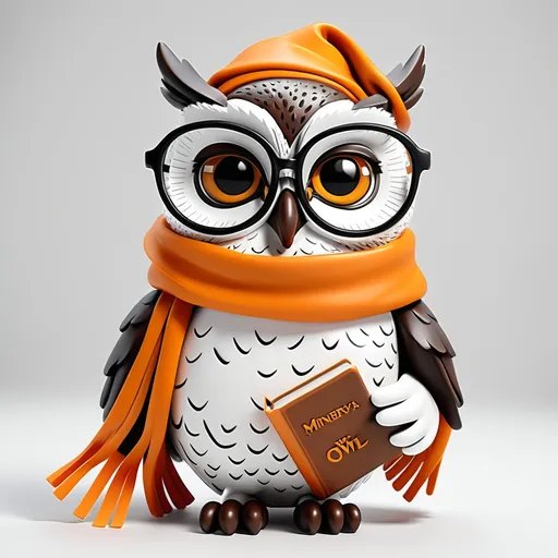 Prompt: wise owl less realistic give a wise scholarly look add a minerva's owl look give a more friendly look blacxk add glasses holding books and put a tee shirt on that says Minerva's Owl make very friendly looking.  orange and white scarf around neck