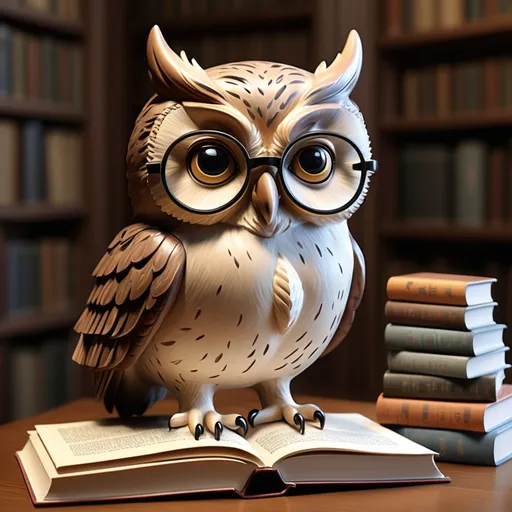 Prompt: wise owl  less realistic  give a wise scholarly look  add a minerva's owl look  give a more friendly look add glasses  holding books and put a tee shirt on that says Minerva's Owl  make very friendly looking